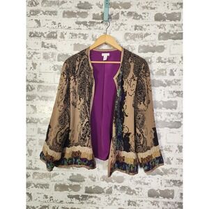 Boho Floral Pleated Cardigan‎ Large Muticolor Abstract Artsy Open Front Jacket